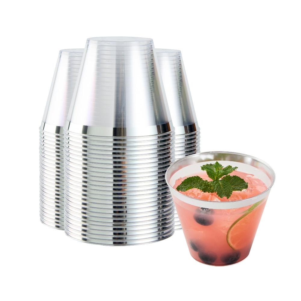 restaurantware Chef 101 9 oz Clear Plastic Tumbler - with Silver Rim - 3 1/2" x 3 1/2" x 2 3/4" - 500 count box