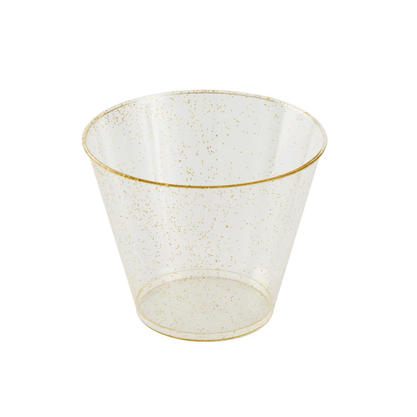 Restaurantware Chef 101 9 Oz Gold Glitter Plastic Tumbler - 3 1/2" X 3 1/2" X 2 3/4" - 500 Count Box