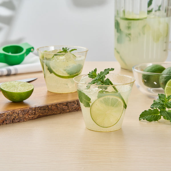 Restaurantware Chef 101 9 Oz Gold Glitter Plastic Tumbler - 3 1/2" X 3 1/2" X 2 3/4" - 500 Count Box