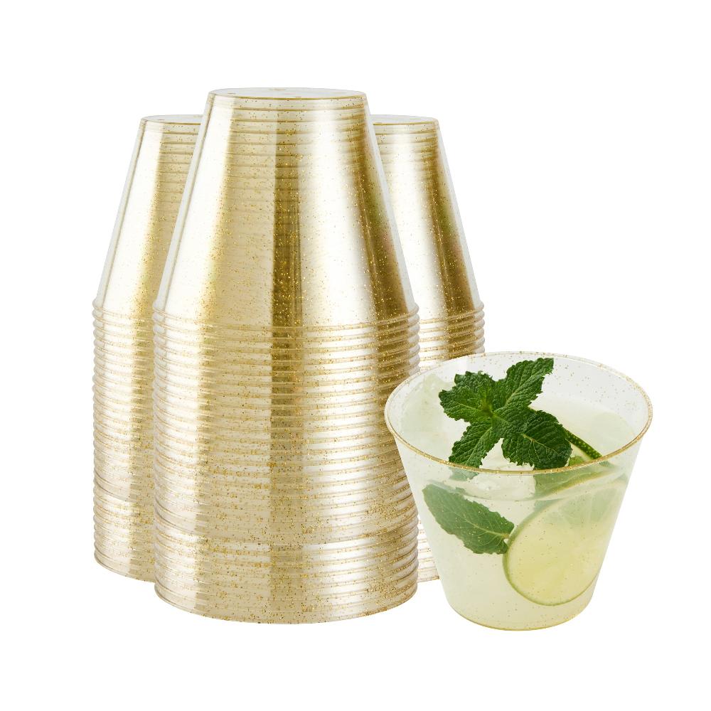 restaurantware Chef 101 9 oz Gold Glitter Plastic Tumbler - 3 1/2" x 3 1/2" x 2 3/4" - 500 count box