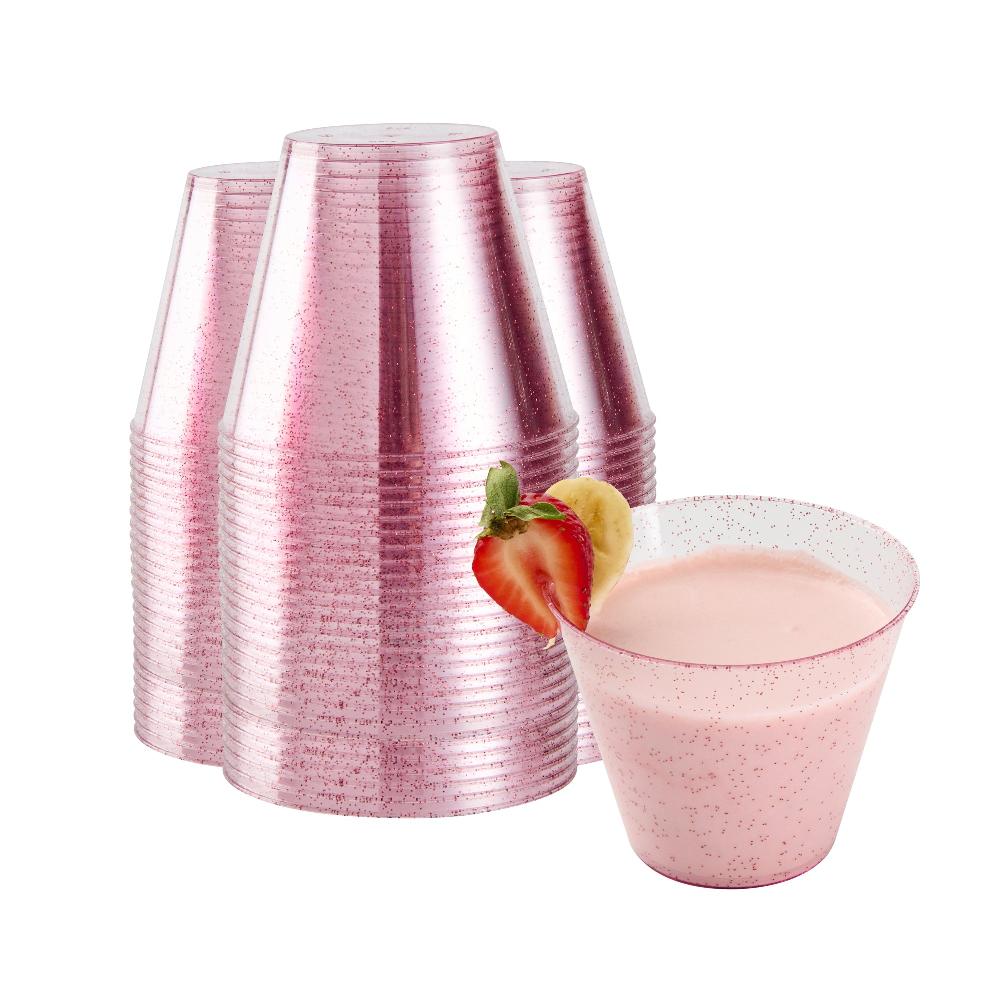 restaurantware Chef 101 9 oz Pink Glitter Plastic Tumbler - 3 1/2" x 3 1/2" x 2 3/4" - 500 count box