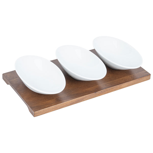 Restaurantware Chef 101 9 Oz Rectangle White Porcelain Ellipse Bowl Set - 3 Bowls Bamboo Tray - 10 1/4" X 5 1/2" X 1 1/2" - 1 Count Box
