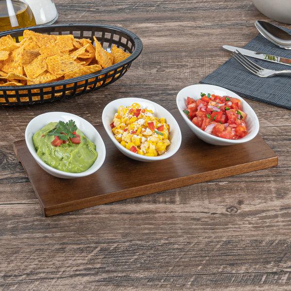 Restaurantware Chef 101 9 Oz Rectangle White Porcelain Ellipse Bowl Set - 3 Bowls Bamboo Tray - 10 1/4" X 5 1/2" X 1 1/2" - 1 Count Box