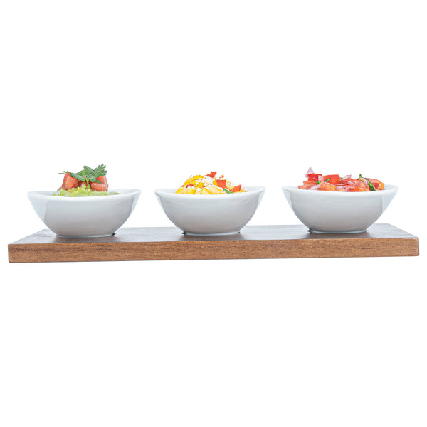 Restaurantware Chef 101 9 Oz Rectangle White Porcelain Ellipse Bowl Set - 3 Bowls Bamboo Tray - 10 1/4" X 5 1/2" X 1 1/2" - 1 Count Box