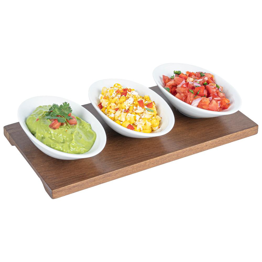 restaurantware Chef 101 9 oz Rectangle White Porcelain Ellipse Bowl Set - 3 Bowls Bamboo Tray - 10 1/4" x 5 1/2" x 1 1/2" - 1 count box