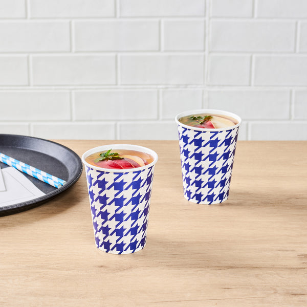 Restaurantware Chef 101 9 Oz Round Blue Houndstooth Paper Cold Cup - 3" X 3" X 3 3/4" - 500 Count Box