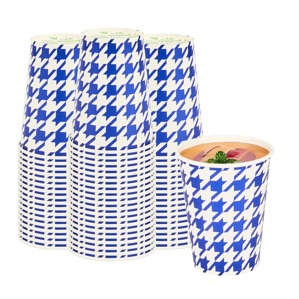 restaurantware Chef 101 9 oz Round Blue Houndstooth Paper Cold Cup - 3" x 3" x 3 3/4" - 500 count box
