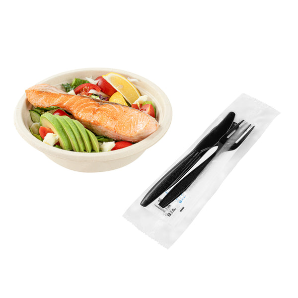 Restaurantware Chef 101 Black Plastic Cutlery Set - With Napkin And Salt / Pepper Packets Extra Heavy Weight Wrapped - 7 1/2" - 500 Count Box