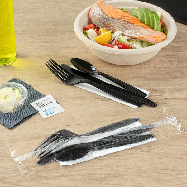 Restaurantware Chef 101 Black Plastic Cutlery Set - With Napkin And Salt / Pepper Packets Extra Heavy Weight Wrapped - 7 1/2" - 500 Count Box