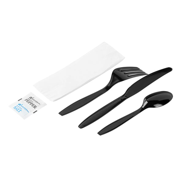 Restaurantware Chef 101 Black Plastic Cutlery Set - With Napkin And Salt / Pepper Packets Extra Heavy Weight Wrapped - 7 1/2" - 500 Count Box
