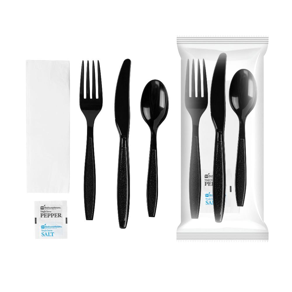 restaurantware Chef 101 Black Plastic Cutlery Set - with Napkin and Salt / Pepper Packets Extra Heavy Weight Wrapped - 7 1/2" - 500 count box