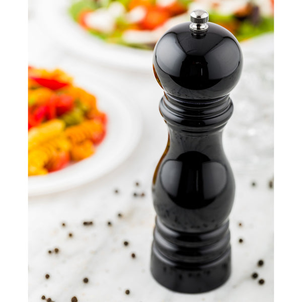 Restaurantware Chef 101 Classic French Black Wood Pepper Mill - High Gloss - 2 1/4" X 2 1/4" X 7 1/2" - 1 Count Box