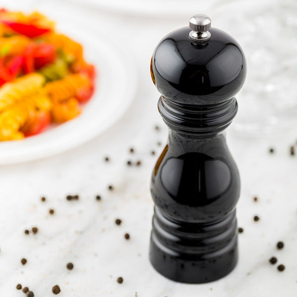 Restaurantware Chef 101 Classic French Black Wood Pepper Mill - High Gloss - 2" X 2" X 6" - 1 Count Box