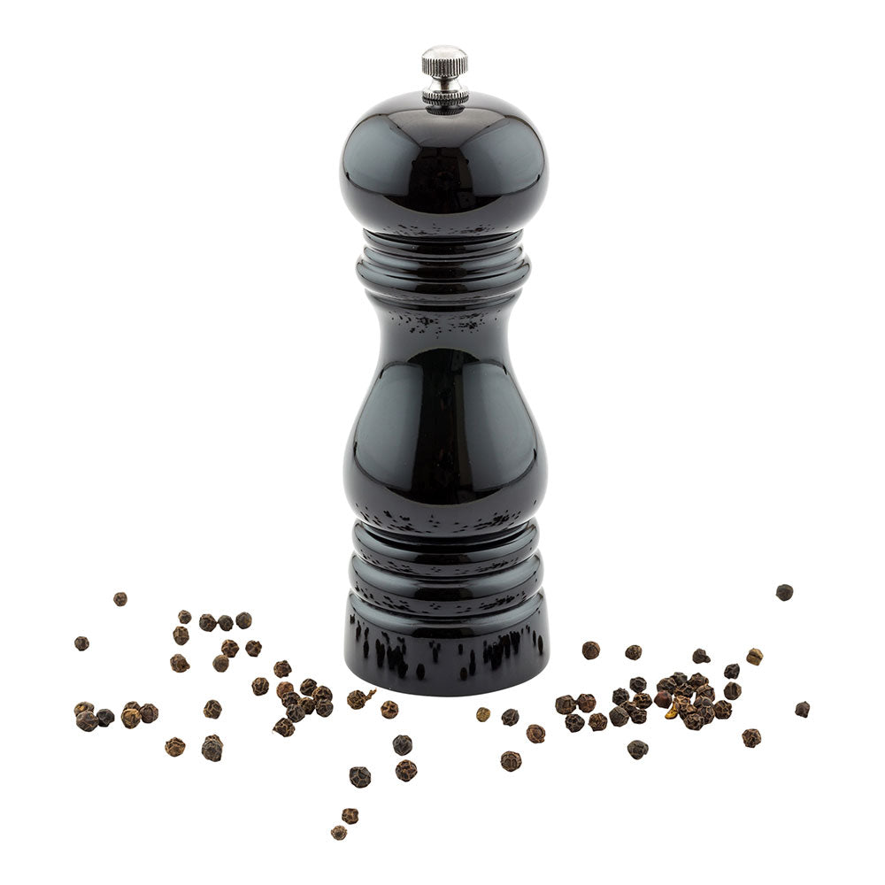 restaurantware Chef 101 Classic French Black Wood Pepper Mill - High Gloss - 2" x 2" x 6" - 1 count box