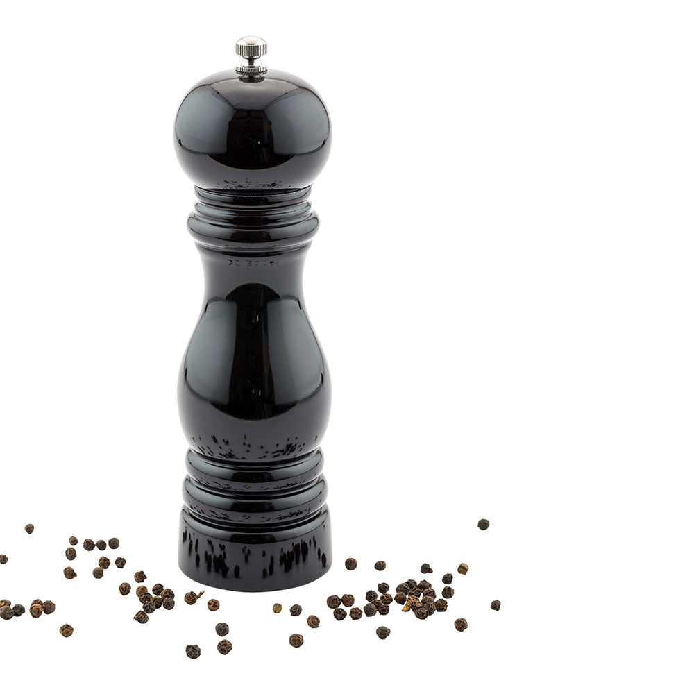 restaurantware Chef 101 Classic French Black Wood Pepper Mill - High Gloss - 2 1/4" x 2 1/4" x 7 1/2" - 1 count box