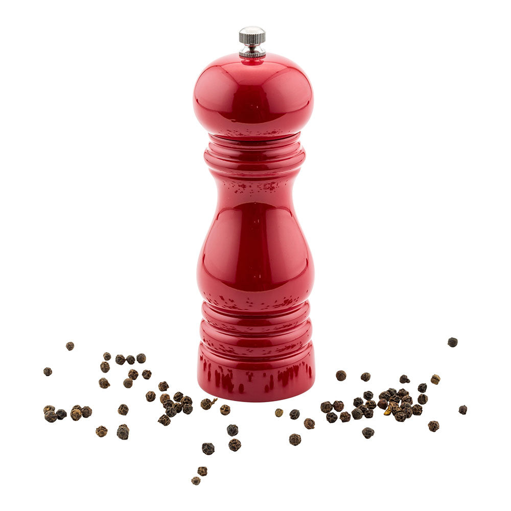 restaurantware Chef 101 Classic French Red Wood Pepper Mill - High Gloss - 2" x 2" x 6" - 1 count box