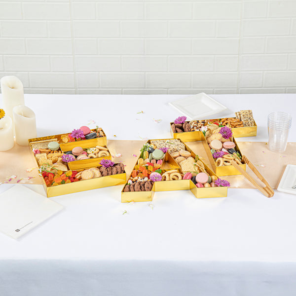 Restaurantware Chef 101 Gold Paper Charcuterie Fillable EAT Letter Trays - 12 1/2" X 12" X 4 3/4" - 1 Count Box