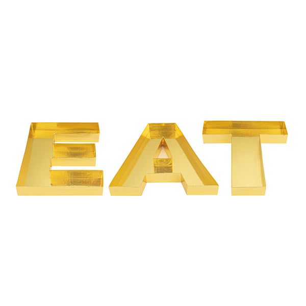 Restaurantware Chef 101 Gold Paper Charcuterie Fillable EAT Letter Trays - 12 1/2" X 12" X 4 3/4" - 1 Count Box