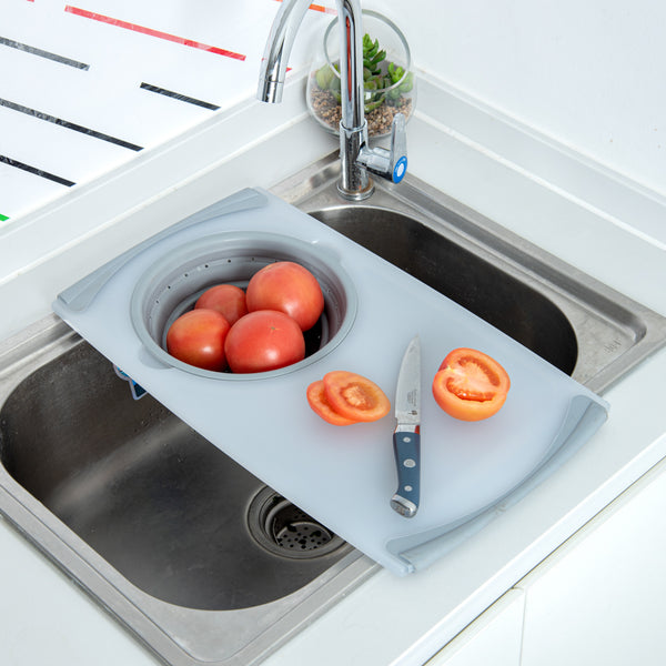 Restaurantware Chef 101 Gray Plastic Over The Sink Cutting Board - With Collapsible Strainer - 19 3/4" X 11 1/4" - 1 Count Box