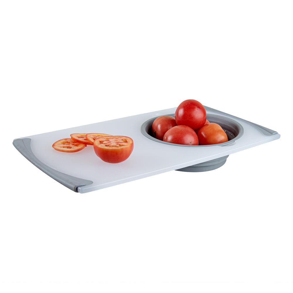 restaurantware Chef 101 Gray Plastic Over the Sink Cutting Board - with Collapsible Strainer - 19 3/4" x 11 1/4" - 1 count box