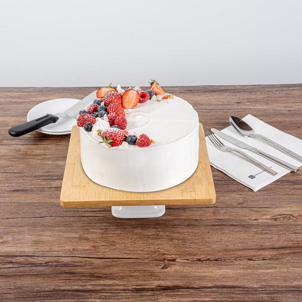 Restaurantware Chef 101 Hamptons Square Bamboo Serving Stand - With Porcelain Base - 9 3/4" X 9 3/4" X 4" - 1 Count Box