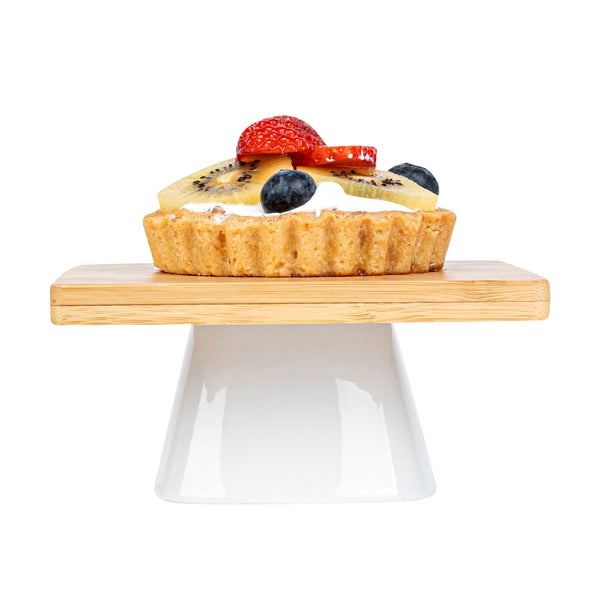 Restaurantware Chef 101 Hamptons Square Bamboo Serving Stand - With Porcelain Base - 5 1/2" X 5 1/2" X 2 1/2" - 1 Count Box