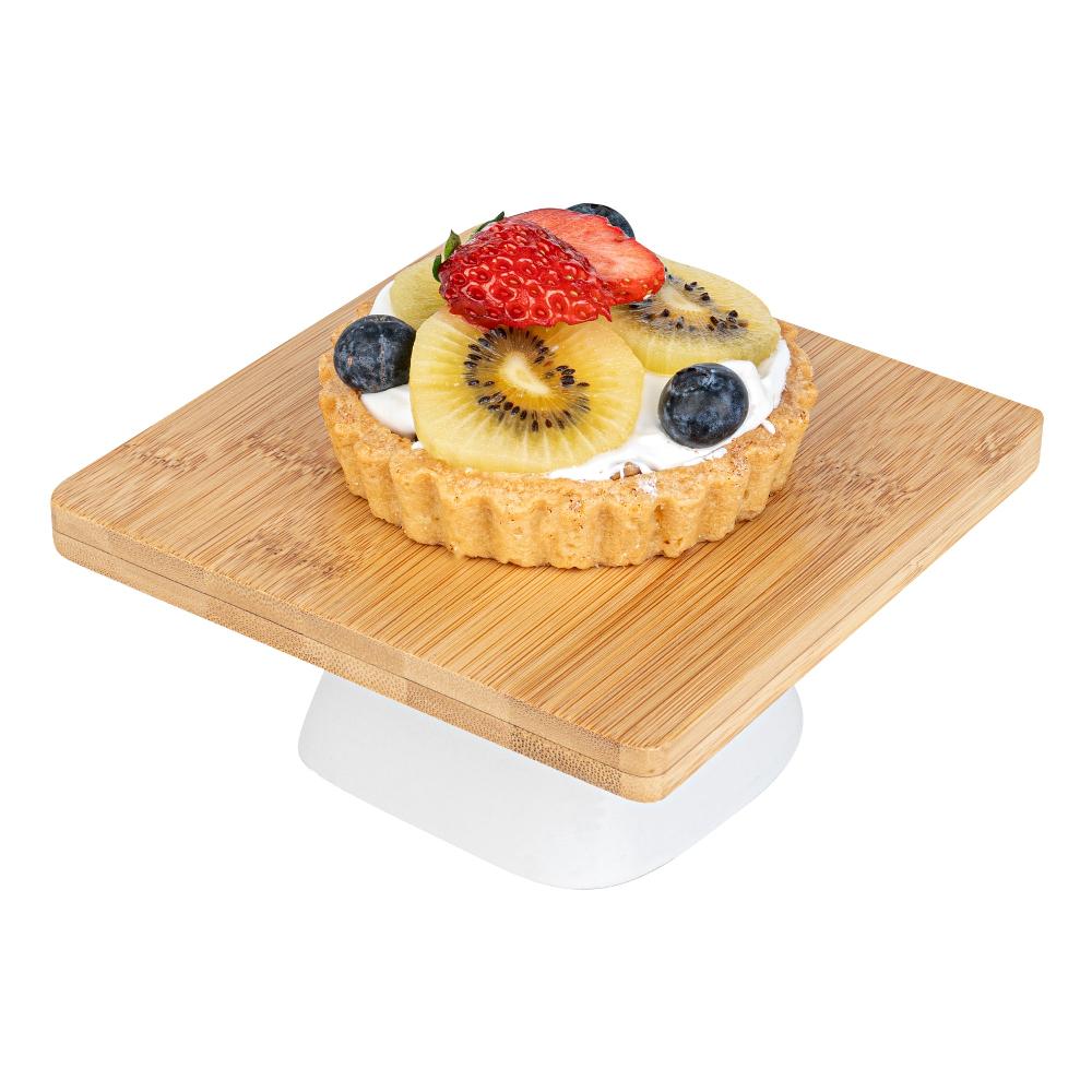 restaurantware Chef 101 Hamptons Square Bamboo Serving Stand - with Porcelain Base - 5 1/2" x 5 1/2" x 2 1/2" - 1 count box