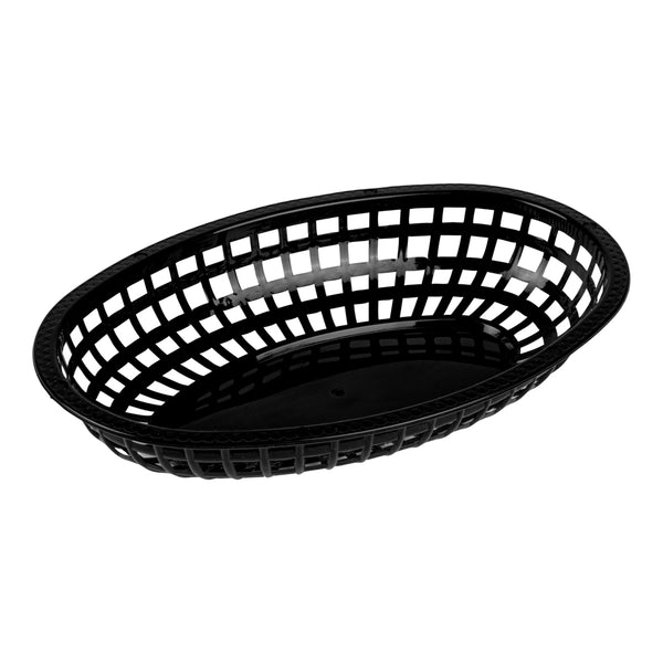 Restaurantware Chef 101 Oval Black Plastic Fast Food Serving Basket - 10 1/4" X 6 3/4" X 2" - 100 Count Box