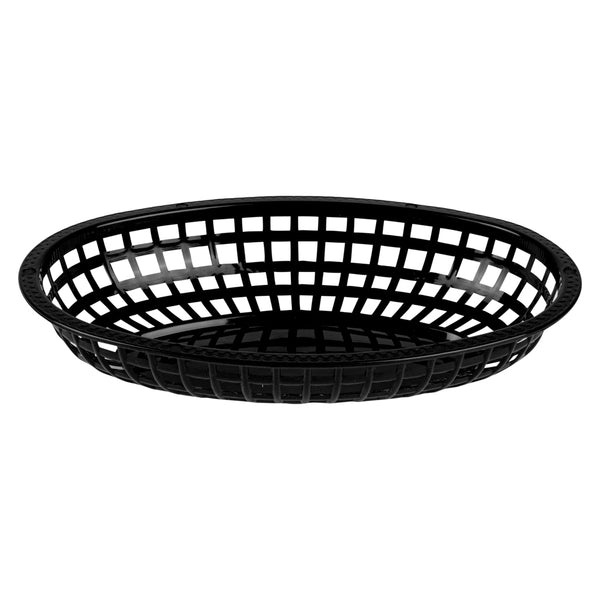 Restaurantware Chef 101 Oval Black Plastic Fast Food Serving Basket - 10 1/4" X 6 3/4" X 2" - 100 Count Box