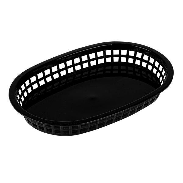 Restaurantware Chef 101 Oval Black Plastic Fast Food Serving Basket - 10 1/2" X 7 1/4" X 1 1/2" - 100 Count Box