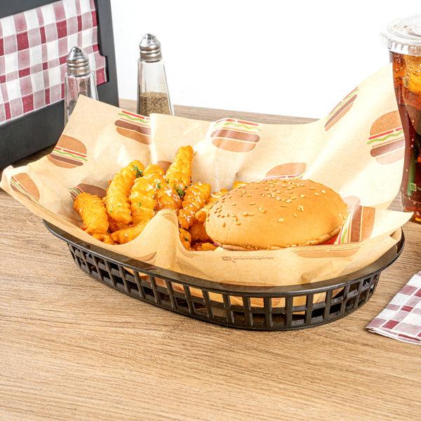 Restaurantware Chef 101 Oval Black Plastic Fast Food Serving Basket - 10 1/2" X 7 1/4" X 1 1/2" - 100 Count Box