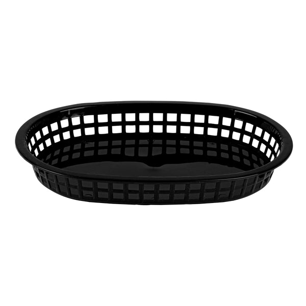 Restaurantware Chef 101 Oval Black Plastic Fast Food Serving Basket - 10 1/2" X 7 1/4" X 1 1/2" - 100 Count Box