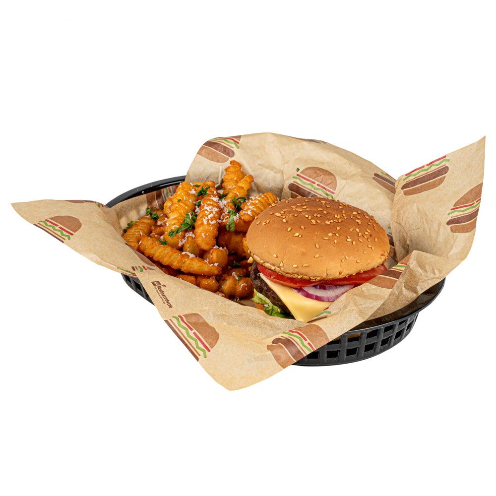 restaurantware Chef 101 Oval Black Plastic Fast Food Serving Basket - 10 1/2" x 7 1/4" x 1 1/2" - 100 count box