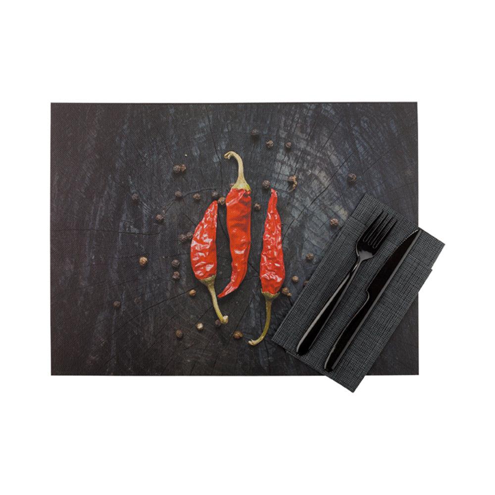 restaurantware Chef 101 Rectangle Hot Chilly Paper Placemat - Semi-Disposable 10 Uses - 11 3/4" x 15 3/4" - 12 count box