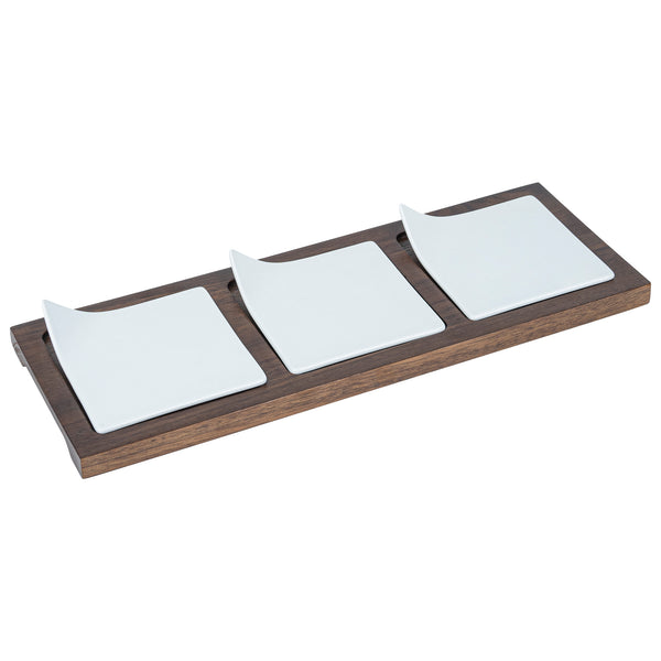 Restaurantware Chef 101 Rectangle White Porcelain Modern Flat Plate Set - 3 Plates Bamboo Tray - 14 1/4" X 5" X 1 1/2" - 1 Count Box