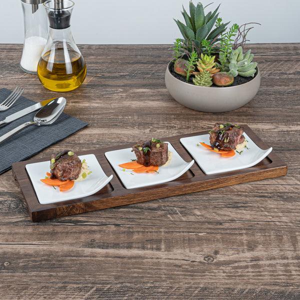 Restaurantware Chef 101 Rectangle White Porcelain Modern Flat Plate Set - 3 Plates Bamboo Tray - 14 1/4" X 5" X 1 1/2" - 1 Count Box
