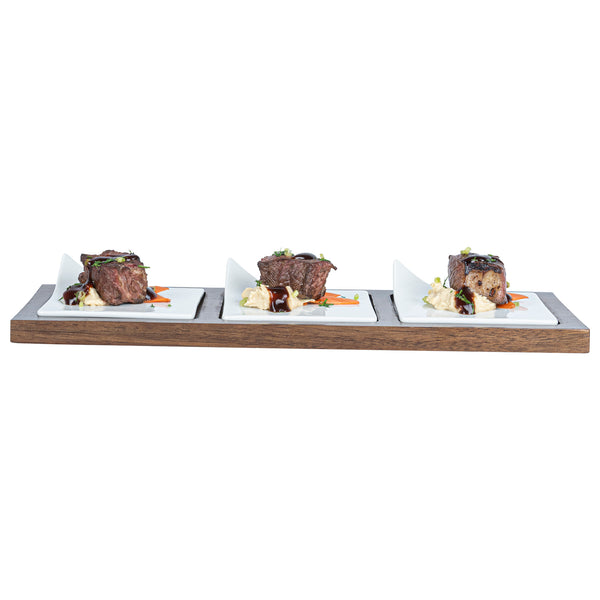Restaurantware Chef 101 Rectangle White Porcelain Modern Flat Plate Set - 3 Plates Bamboo Tray - 14 1/4" X 5" X 1 1/2" - 1 Count Box