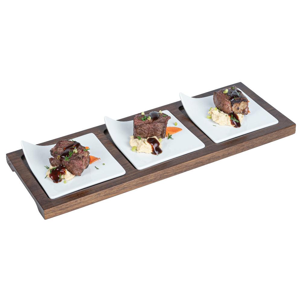 restaurantware Chef 101 Rectangle White Porcelain Modern Flat Plate Set - 3 Plates Bamboo Tray - 14 1/4" x 5" x 1 1/2" - 1 count box