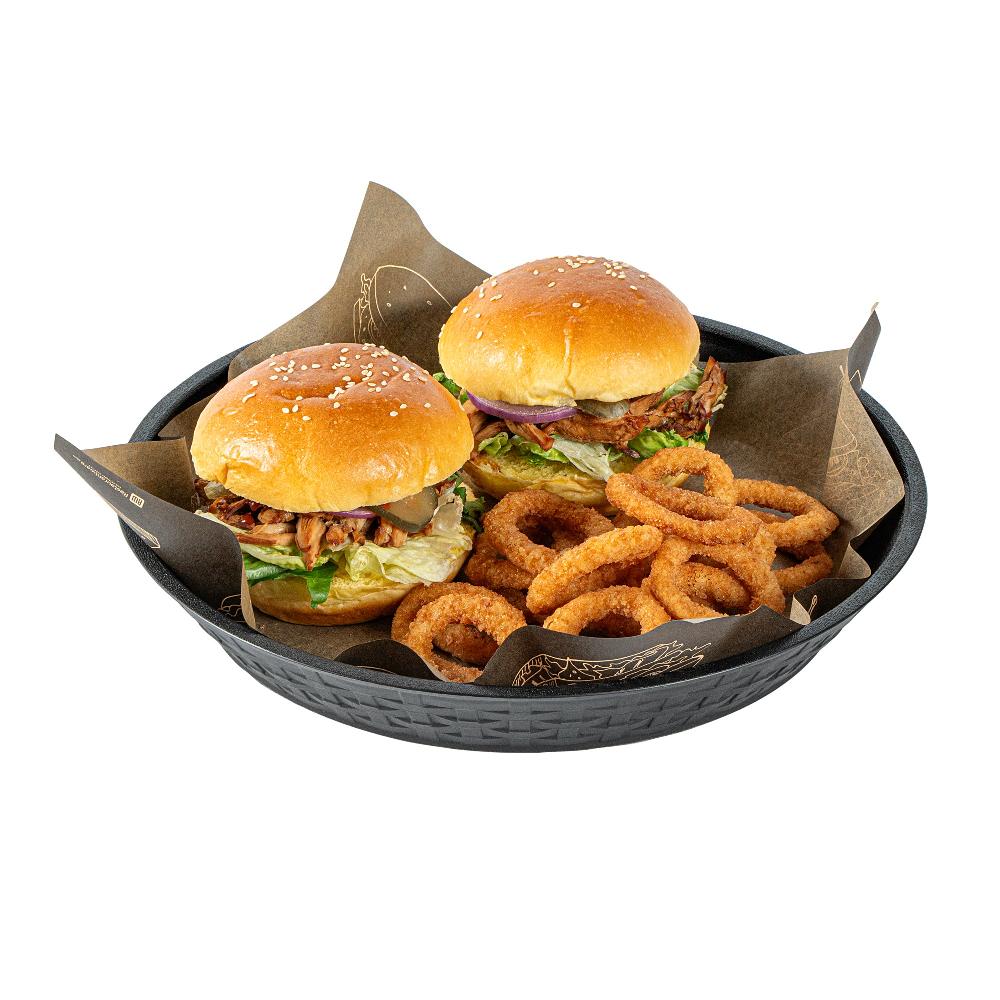 restaurantware Chef 101 Round Black Plastic Diner Platter - 12" x 12" x 1 3/4" - 100 count box