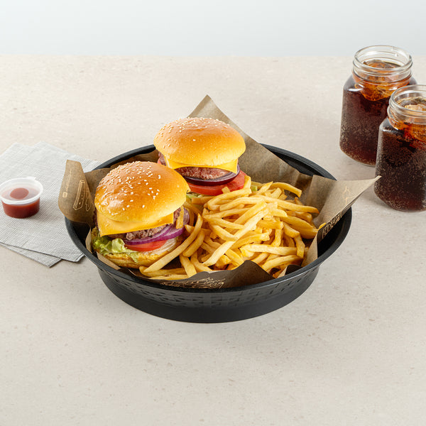 Restaurantware Chef 101 Round Black Plastic Diner Platter - With Base - 12" X 12" X 2 1/4" - 100 Count Box