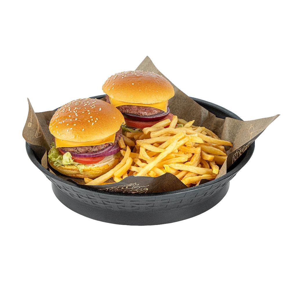 restaurantware Chef 101 Round Black Plastic Diner Platter - with Base - 12" x 12" x 2 1/4" - 100 count box