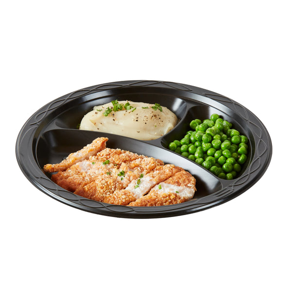 Restaurantware Chef 101 Round Black Plastic Plate - 3 Compartments Microwavable - 10 1/4" X 10 1/4" X 1" - 100 Count Box