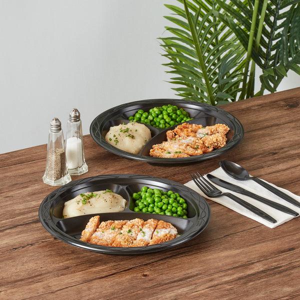 Restaurantware Chef 101 Round Black Plastic Plate - 3 Compartments Microwavable - 10 1/4" X 10 1/4" X 1" - 100 Count Box