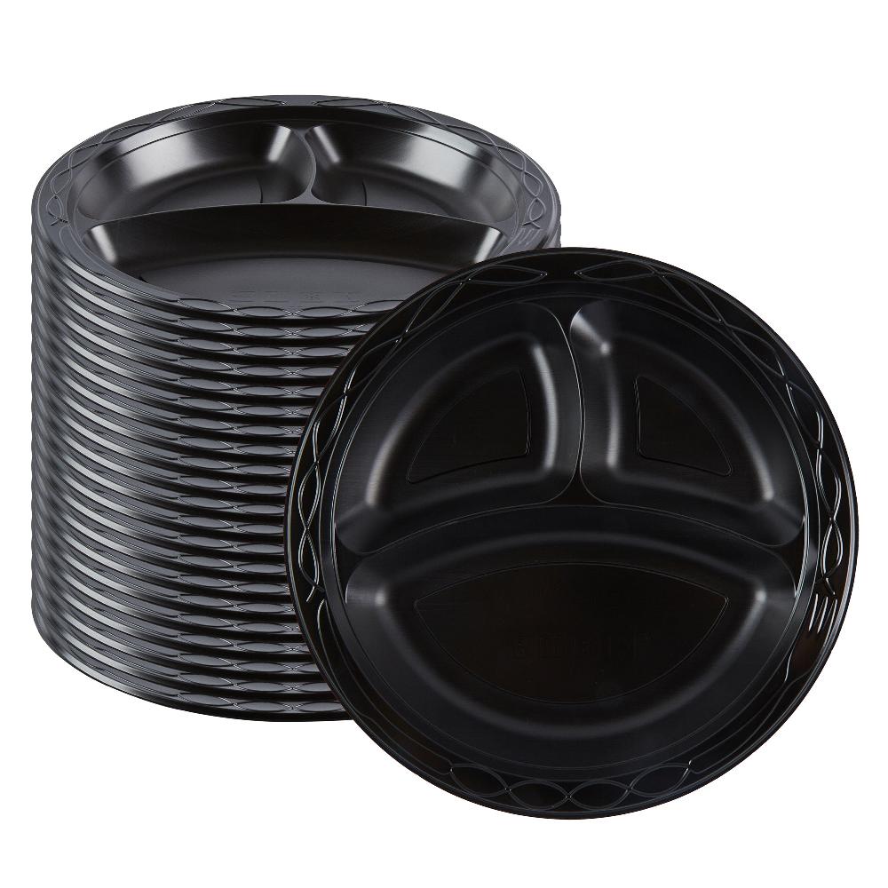 restaurantware Chef 101 Round Black Plastic Plate - 3 Compartments Microwavable - 10 1/4" x 10 1/4" x 1" - 100 count box