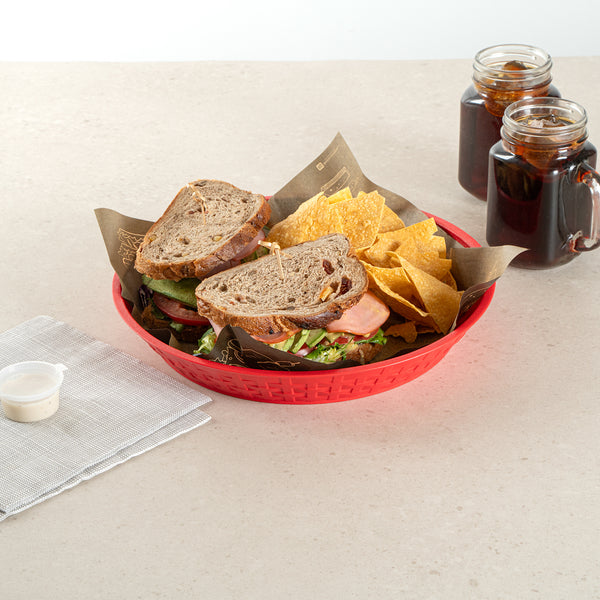 Restaurantware Chef 101 Round Red Plastic Diner Platter - 12" X 12" X 1 3/4" - 100 Count Box