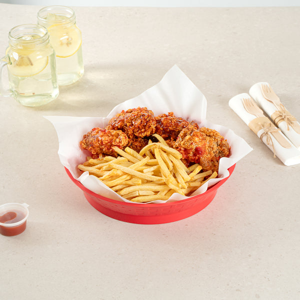 Restaurantware Chef 101 Round Red Plastic Diner Platter - With Base - 10 1/2" X 10 1/2" X 2 1/4" - 100 Count Box