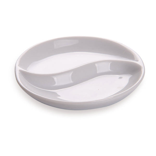 Restaurantware Chef 101 Round White Porcelain Mini Yin Yang Sauce Plate - 3 1/2" X 3 1/2" X 1/2" - 10 Count Box
