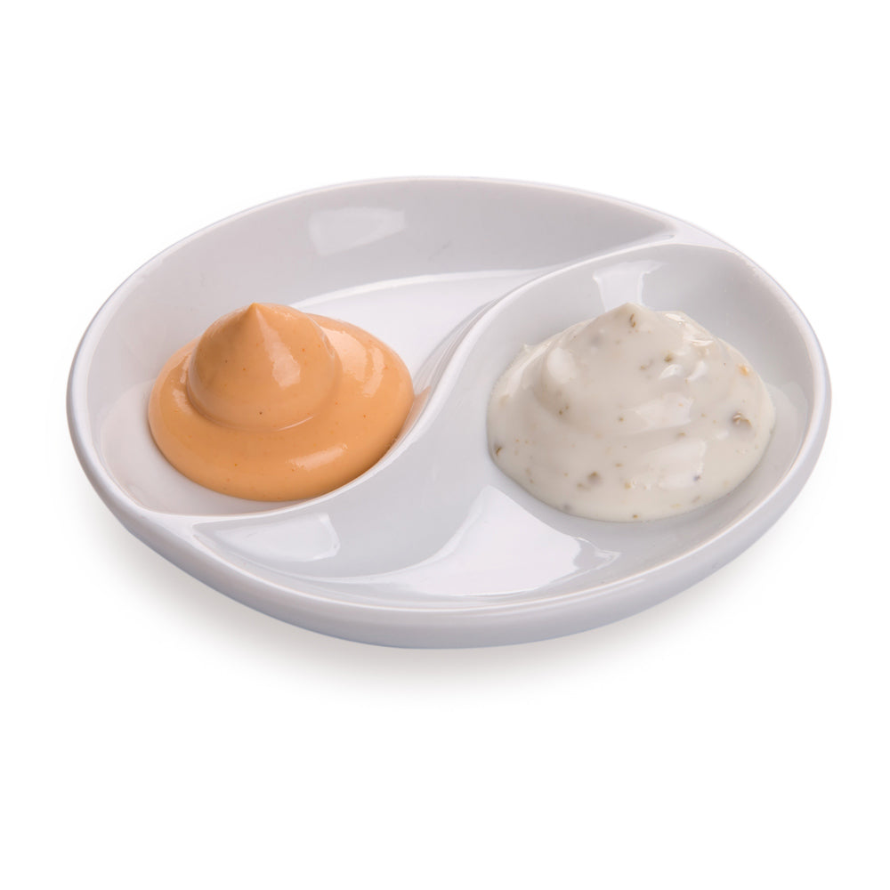 restaurantware Chef 101 Round White Porcelain Mini Yin Yang Sauce Plate - 3 1/2" x 3 1/2" x 1/2" - 10 count box