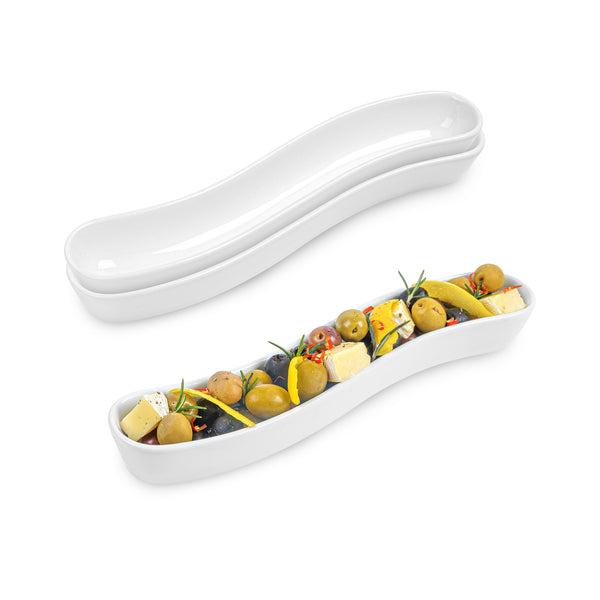 Restaurantware Chef 101 Swerve 10 Oz Curved White Porcelain Olive Plate - 12" X 2 1/2" X 1 1/2" - 1 Count Box
