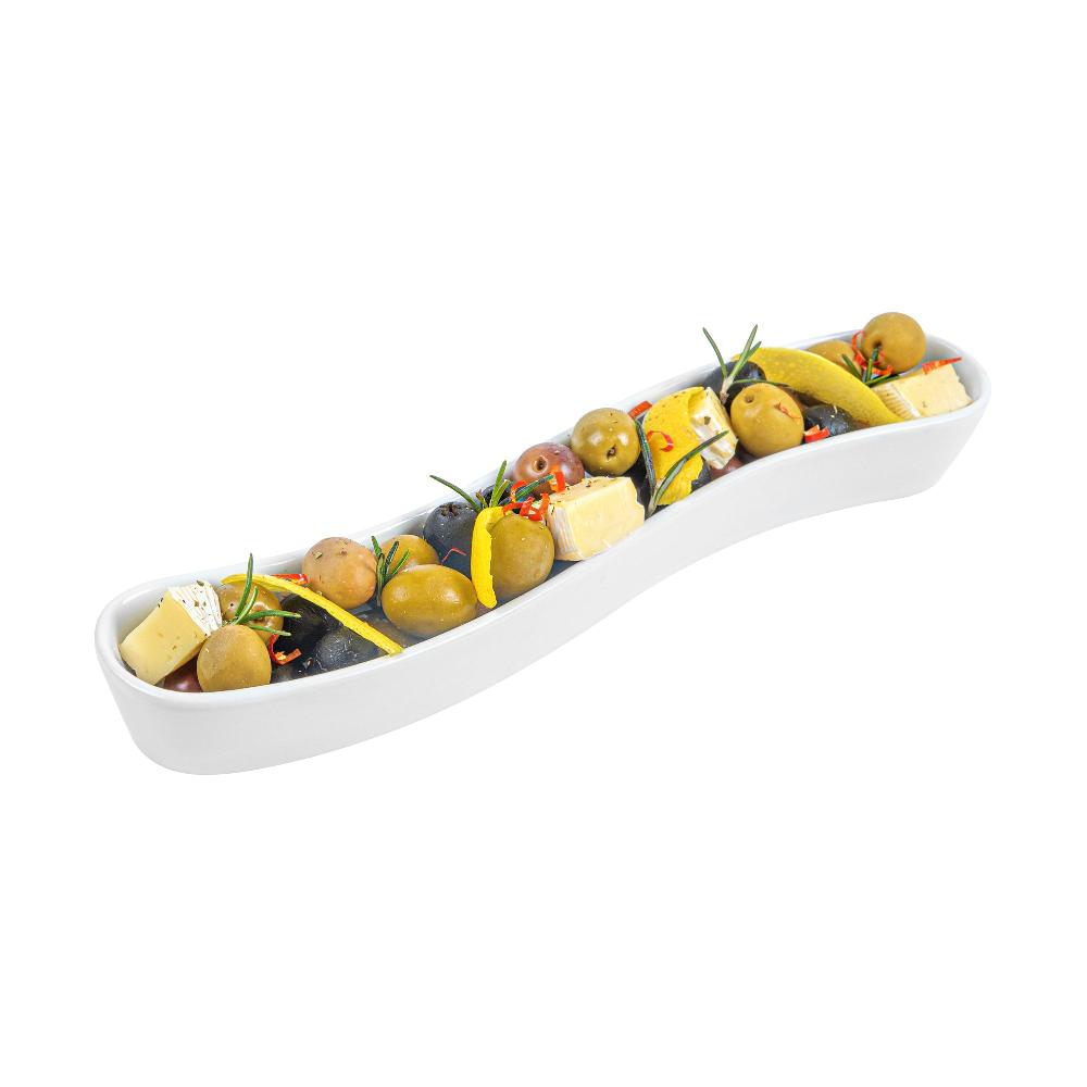 restaurantware Chef 101 Swerve 10 oz Curved White Porcelain Olive Plate - 12" x 2 1/2" x 1 1/2" - 1 count box